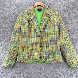 Multiples Blazer Womens Small Green Multi Tweed Plaid Fringe Accent Button Up